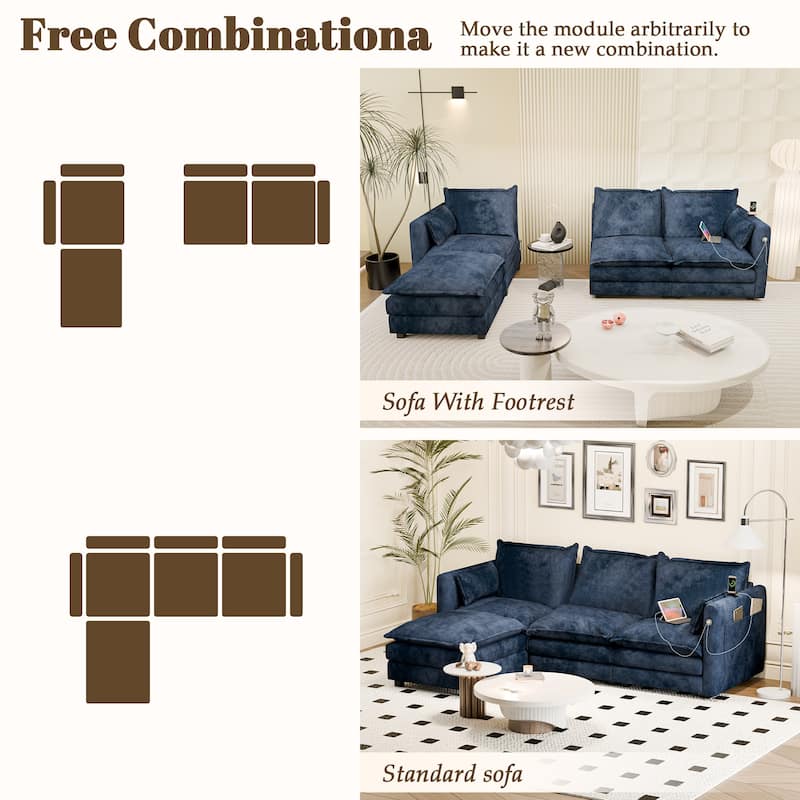 Modular Sectional Sofa L Shaped Couch, 3/4 Seat Sofa Set with Ottoman, Chenille Fabric