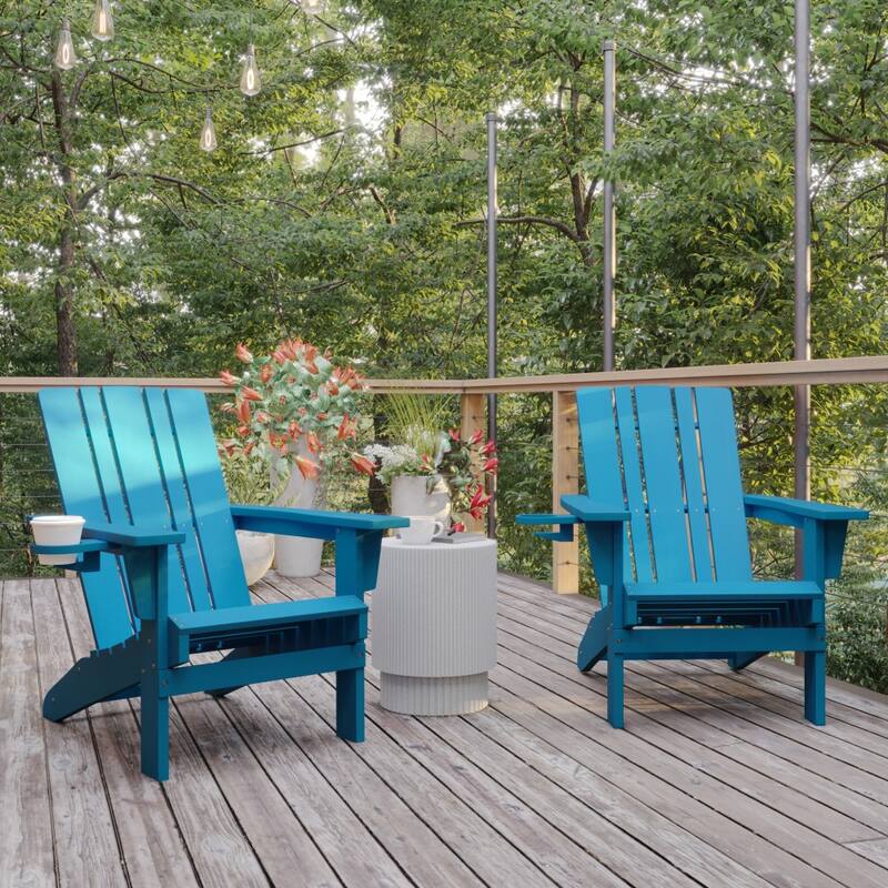 Set of 2 Commercial All-Weather Adirondack Chairs with Cupholders - Blue