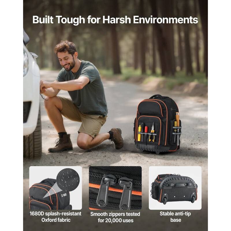 Rolling Tool Backpack with 45 Pockets and Wheels for Tools Storage - 17.3 x 9.84 x 18.89 in