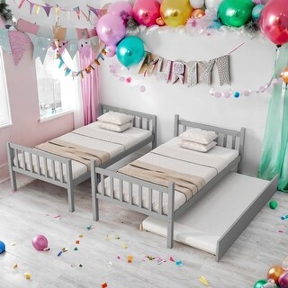 Twin Over Twin Rubber Wood Bunk Bed with Trundle, Convertible into 2 Twin Size Beds,with Ladder and Safety Guardrails-Grey
