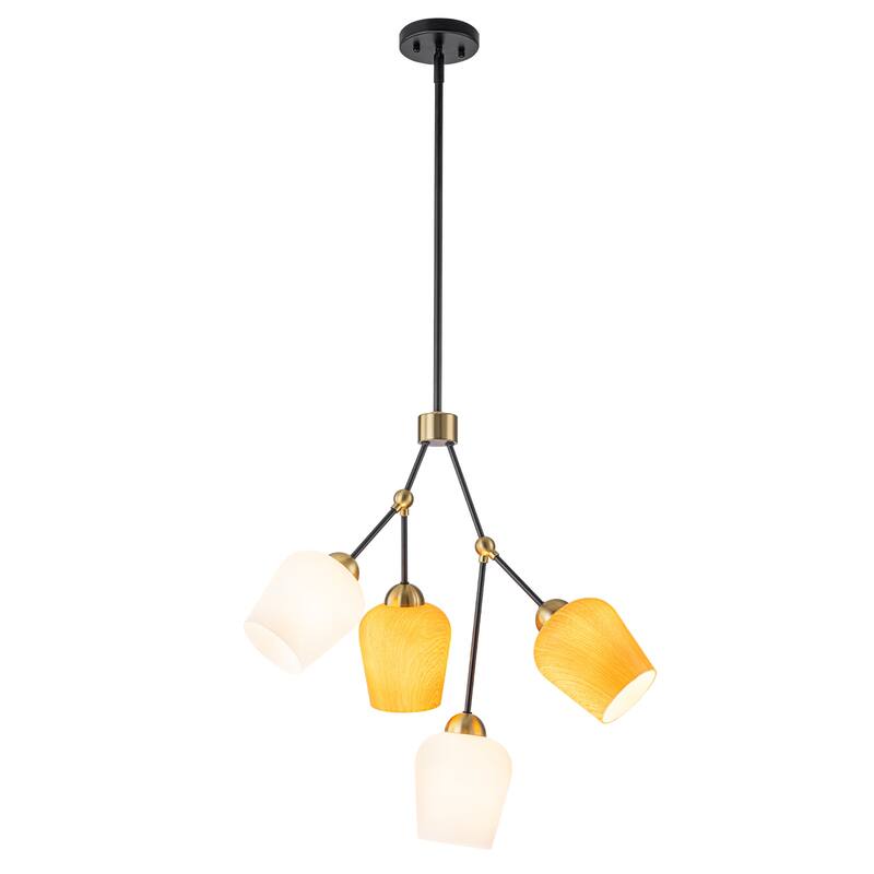 4-Light Black & Gold Y-Shaped Chandelier with Wood-Grain Glass Shades - Dia.22.83-in