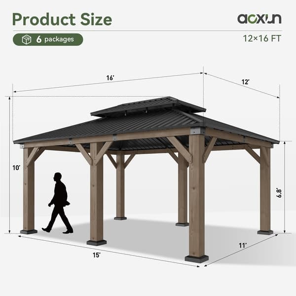 dimension image slide 2 of 6, Aoxun Outdoor Cedar Wood Gazebo with Double Hardtop Roof