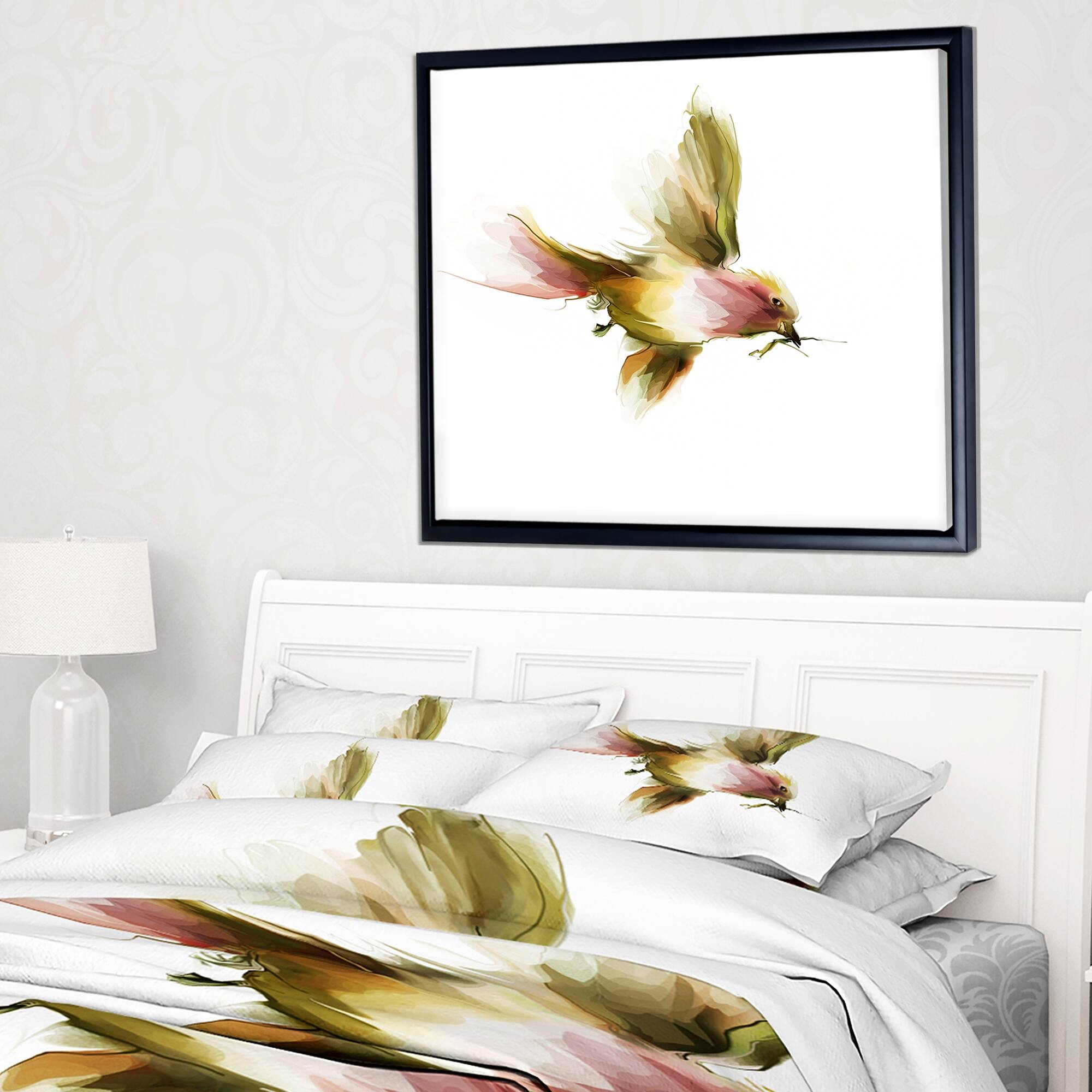 Designart "Nice Flight of Lovely Green Bird" Animal Framed Canvas Art