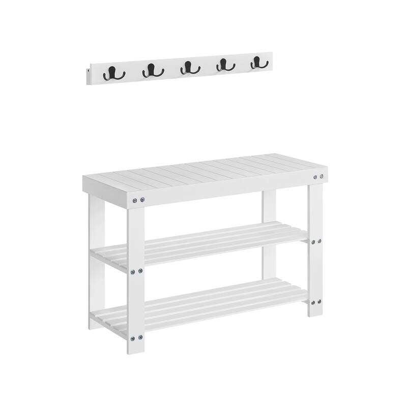 4-in-1 Wicker Hall Tree with Bench and 2 Bottom Shelves 5 Double Hooks for Bags and 3 Pairs of Shoes - 11.3"D x 27.6"W x 17.8"H