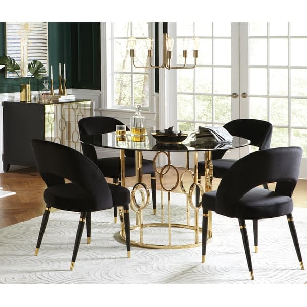 Modern Design Glass and Goldtone Base 6-piece Round Dining Set with Velvet and Mirrored Server - - 35246687