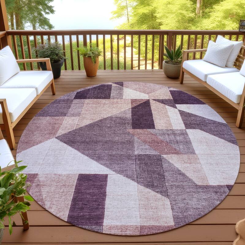 Machine Washable Indoor/ Outdoor Modern Geo Chantille Rug - Eggplant - 8' x 8'
