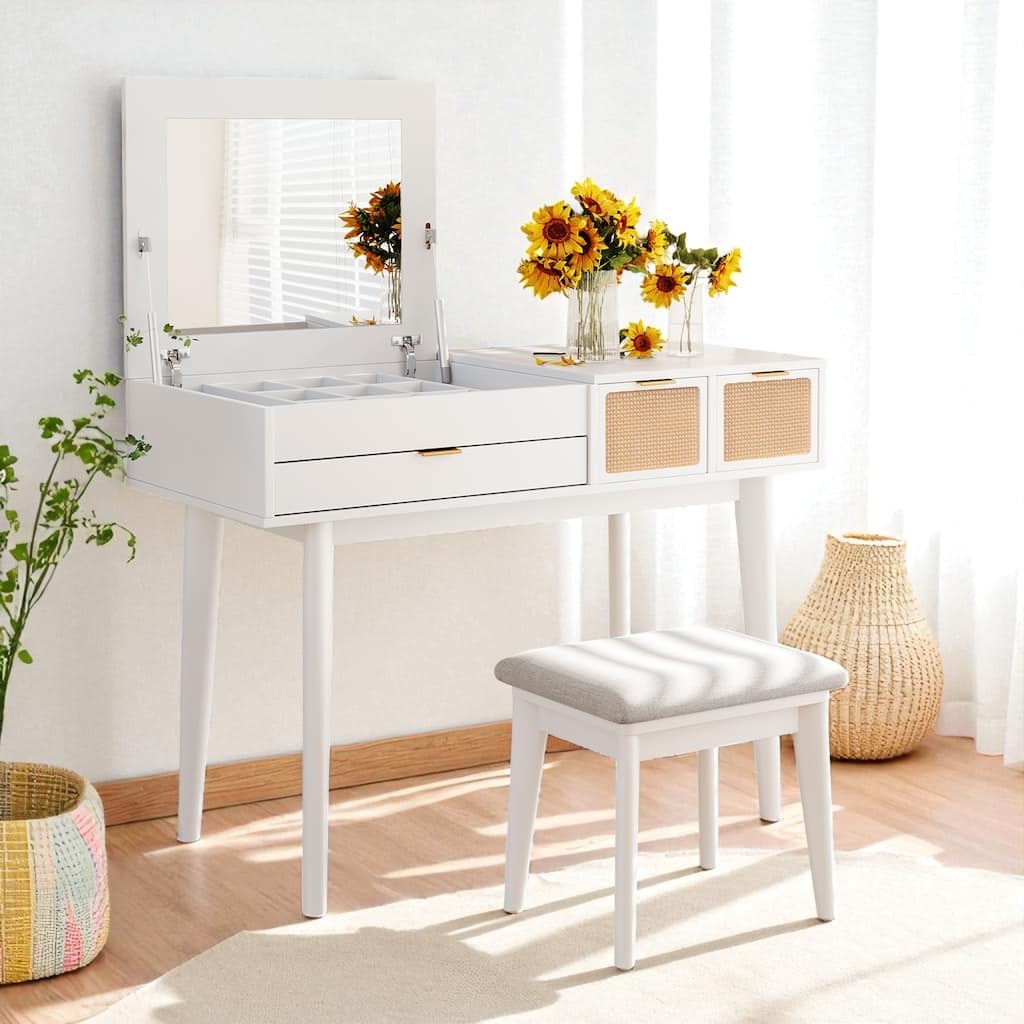 43.3" Wood Makeup Vanity Set with Flip-Top Mirror, 3 Drawers and Upholstered Stool, Dressing Table with Storage