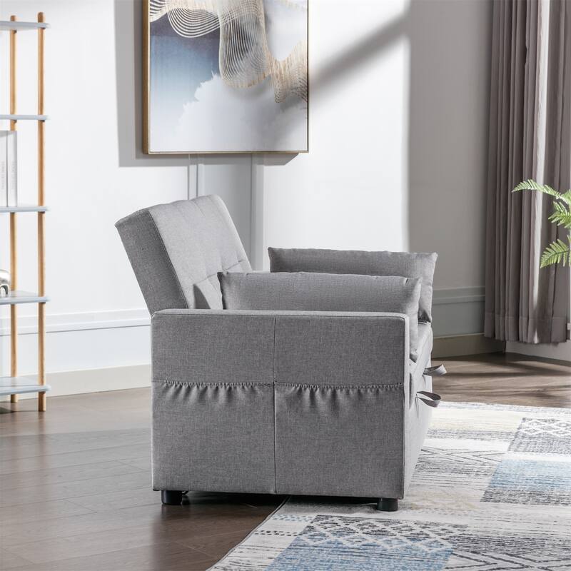 Linen Fabric 3-in-1 Convertible Sleeper Loveseat with Side Pocket