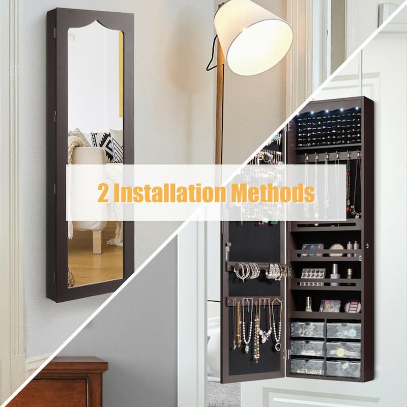 Gymax Wall Door Mounted Jewelry Cabinet Organizer LED Mirror Brown