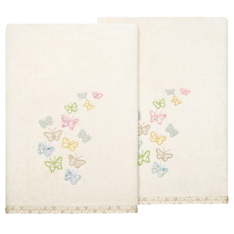 Authentic Hotel and Spa 100% Turkish Cotton Mariposa 2PC Embellished Bath Towel Set - Beige