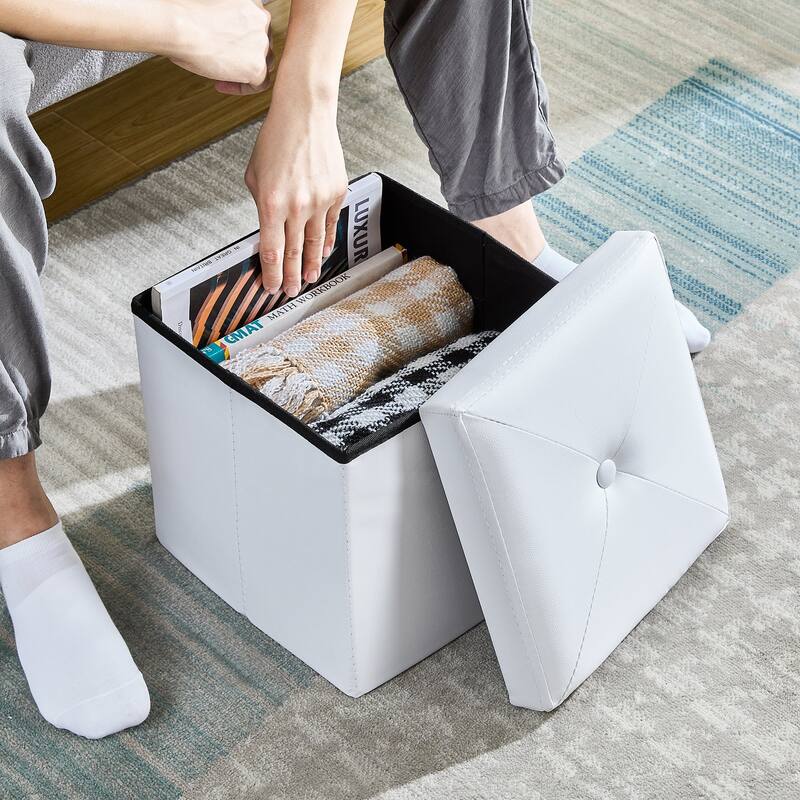 Folding Storage Ottoman, Foot Rest Stool Footstool, Leather Tufted Ottoman, Small Ottoman Cube for Living Room Bedroom Dorm