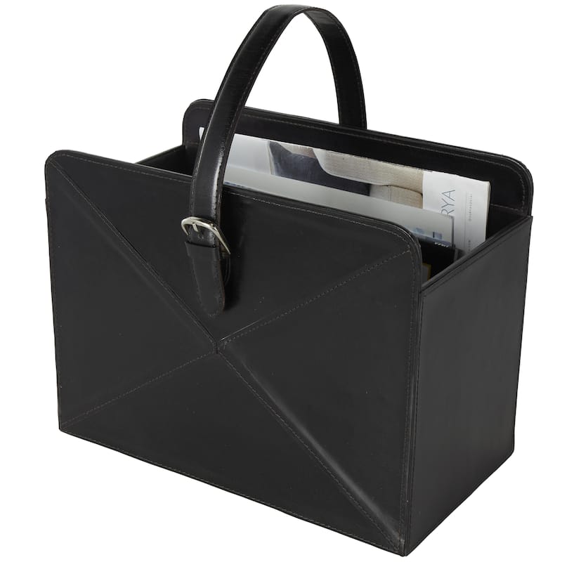 Leather Handmade Box Style Magazine Holder with Detail Stitching and Curved Buckle Handles - Brown or Black - Roche River Decor - Black
