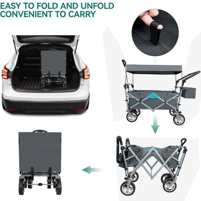 Outdoor Push & Pull Folding Wagon Cart with Removable Canopy