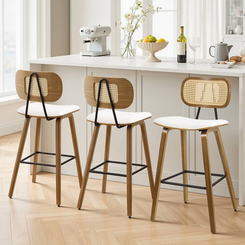26-Inch Upholstered Counter/ Bar Stools Set of 2 or 3 - 35.1"H x 17.7"W x 19.5"D - Set of 3 - White-Boucle Fabric