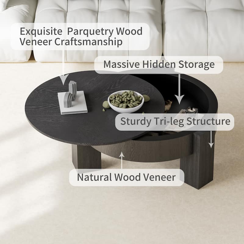 33" Modern Wabi-Sabi Wood Parquet Veneer Top Coffee Table with Hidden Storage