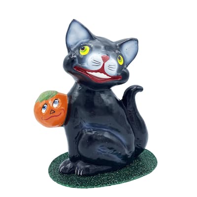 8” Paper Mache Whimsical Cat with Pumpkin Halloween Figurine