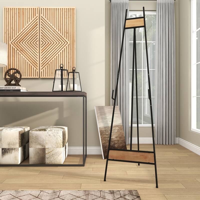 Black Metal Extra Large Free Standing Adjustable Display Stand Easel with Chain Support and Wood Accents