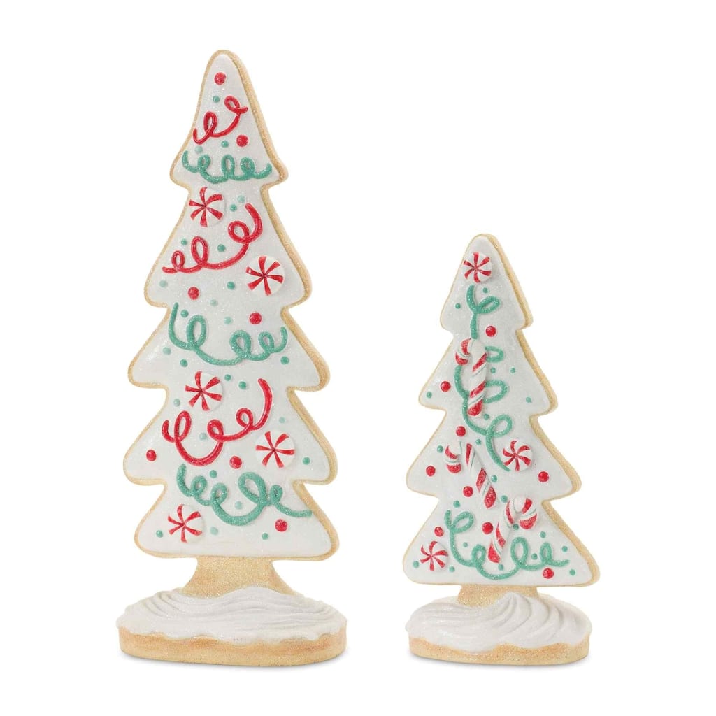 2 Beige & White Gingerbread Christmas Tree Tabletop Decorations 20.5"