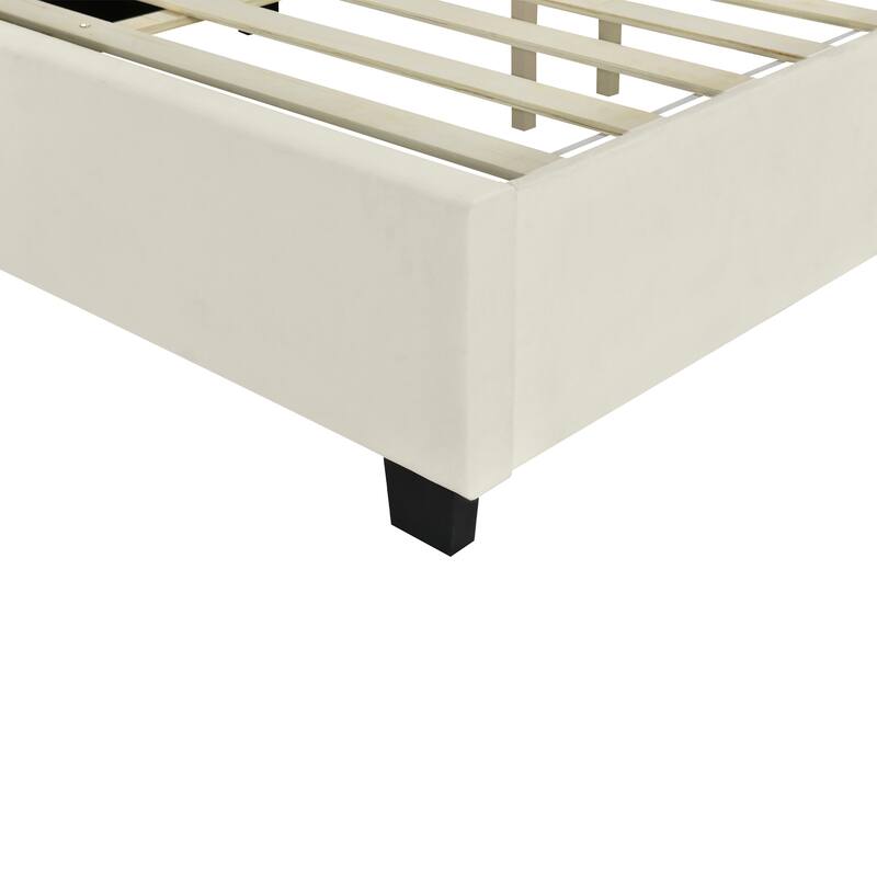 Platform Bed with Oversized Headboard, 2 Shelves, Velvet