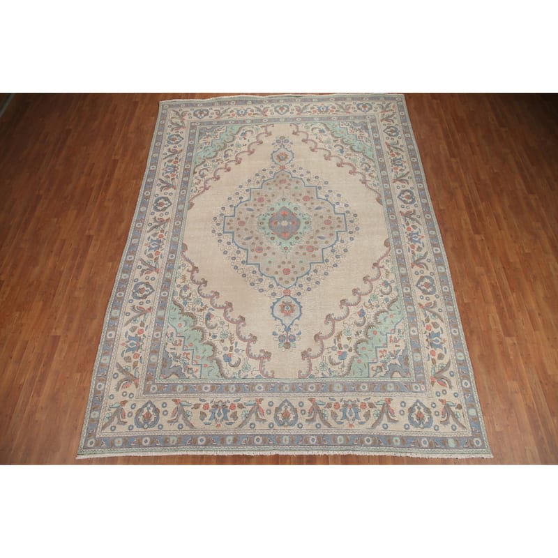 Hand Knotted Oriental 100% Wool Carpet Traditional Medallion Beige & Ivories Tabriz Area Rug - 12' 10'' X 9' 6''