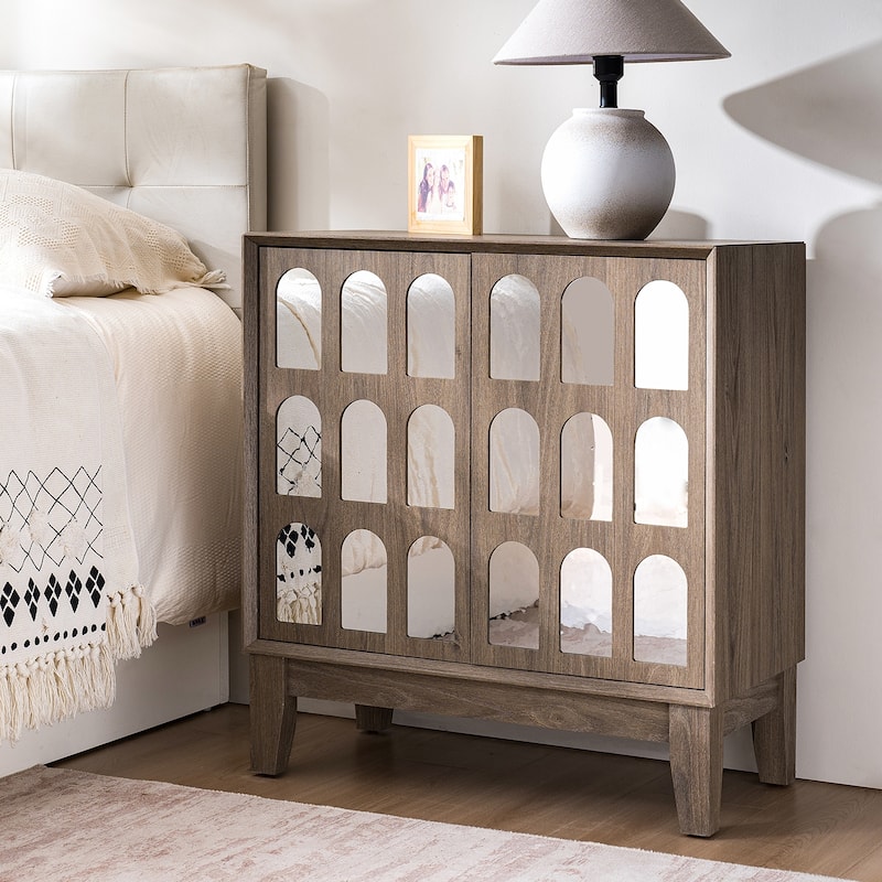 Rossetta Minimalist Style 2-Door Small Archway Mirrors Cuts Design Nightstand with Removable Interior Shelves Solid Wood Legs - Seadrift