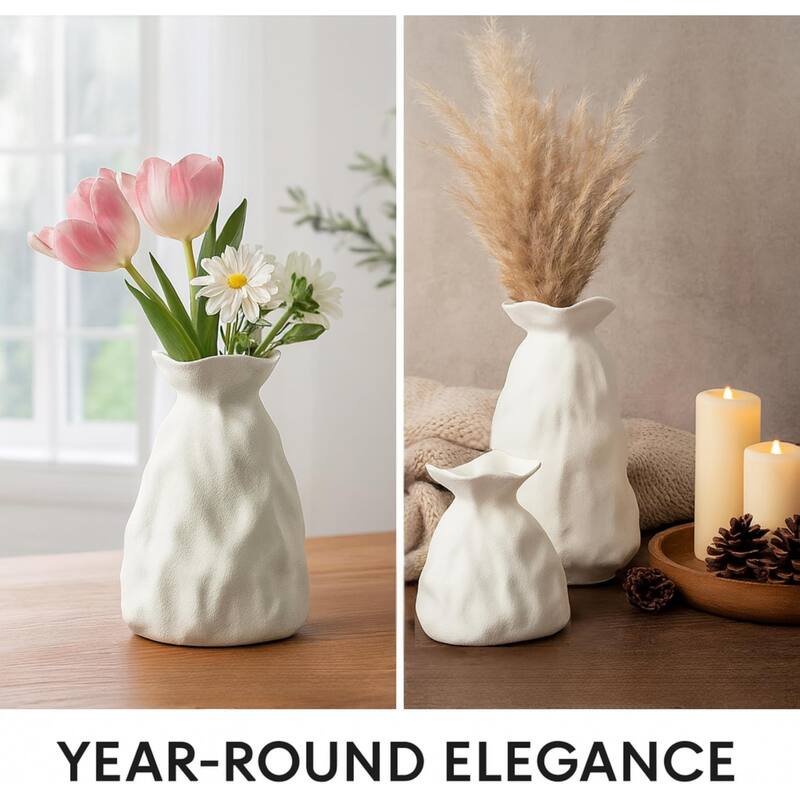 ARIA HOME White Ceramic Vase Artistic Paper Bag Inspired Design Set of 2