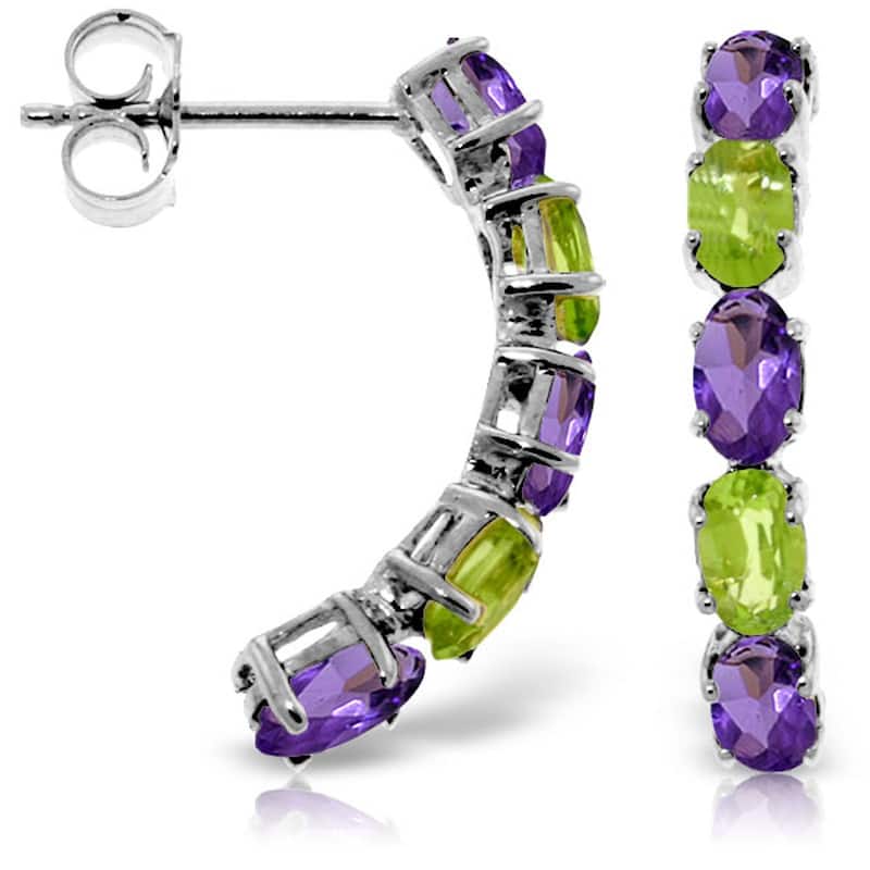 14K Solid Gold Gemstone Stud Earrings w/ Natural Amethysts & Peridots - White