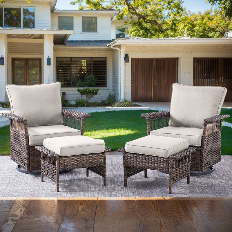 Pocassy Outdoor Swivel Chairs with Sofa Chair Ottoman and Table Set - Brown Wicker Beige Cushion - 4-Piece Swivel Chair with Ottoman