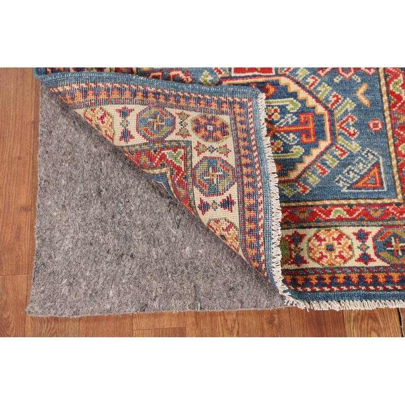 Blue Geometric Kazak Foyer Rug Handmade Bedroom Wool Carpet - 2'7" x 4'1"