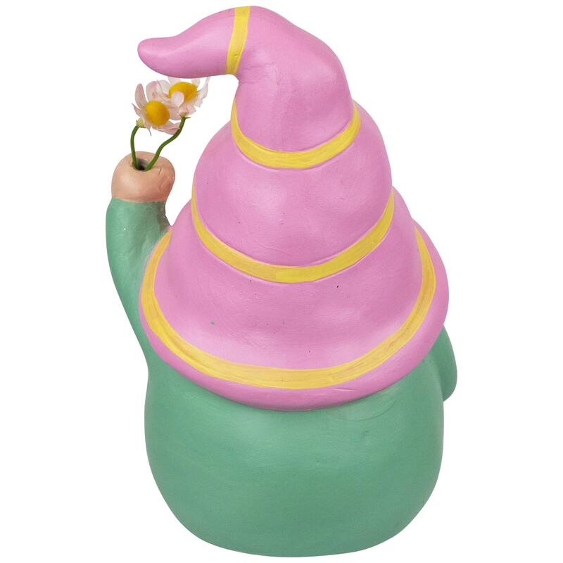 Gnome Holding Flowers Spring Figurine - 8" - Pink and Green