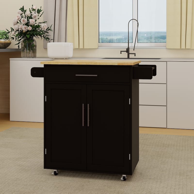 Modern Kitchen Island with Rubber Wood Table Top 1 Drawer, Adjustable Shelves, Towel Rack and Seasoning Rack, for Kitchen