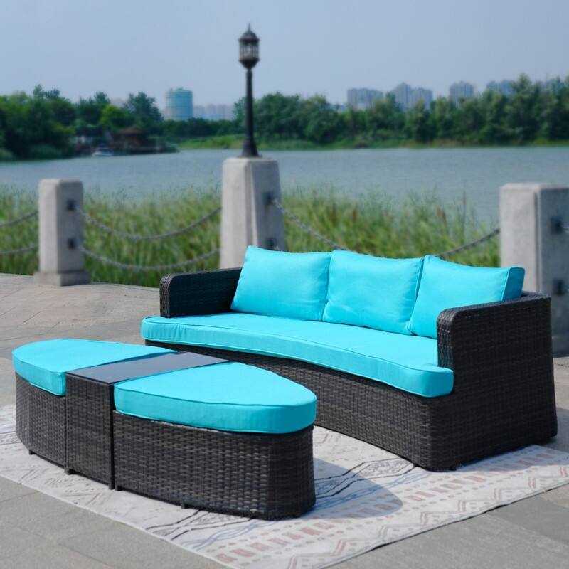 5-piece Patio Wicker Daybed Sectional Sofa Set with Side Table