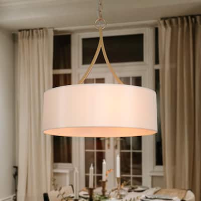 Modern 3-Light Gold Drum Chandelier Fabric Shade Pendant Lights for Dining Room - 17.5" D x 19" H