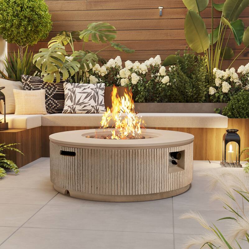 38.19" Propane Outdoor Fire Pit with Vertical Stripe Design, 50000 BTU Round Fire Pit Table with Steel Burner, Flame Control - Brown