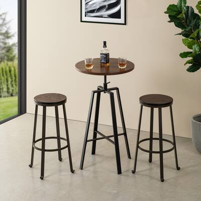 Glitzhome 3-piece Industrial Pub Set Height Adjustable Bar Table and Round Stools
