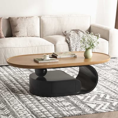 51.18" Mid Century Coffee Table, Oval Solid Wood Table with Drawer,Brown & Black