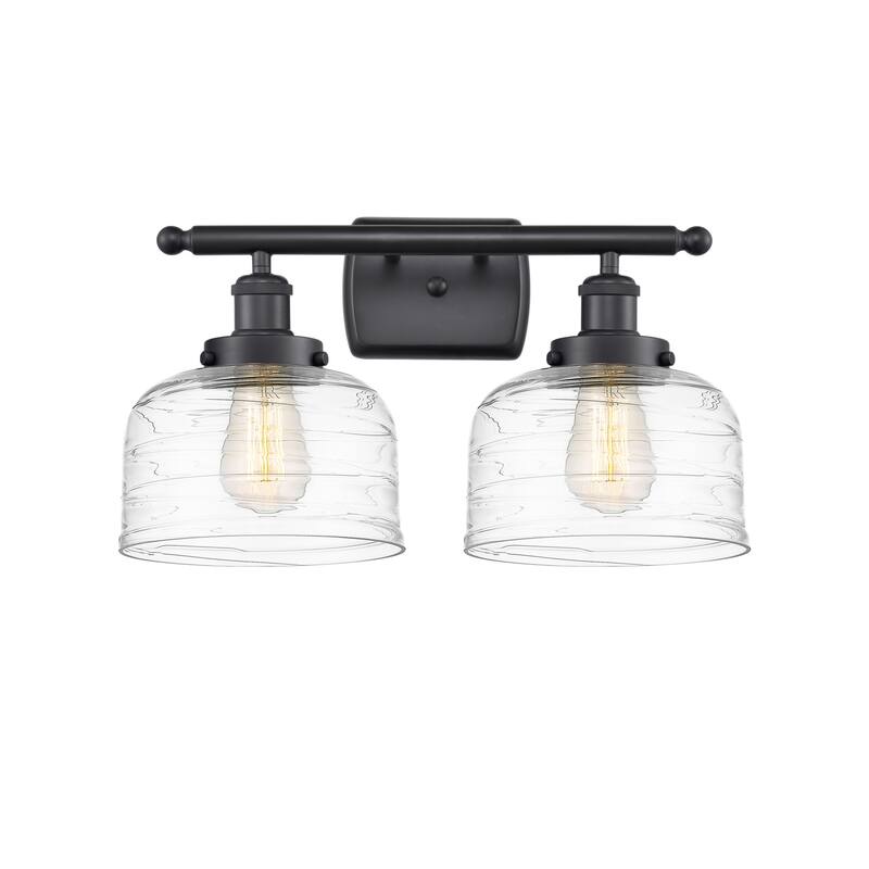 Innovations Lighting 916-2W-13-18 Bell Vanity Bell 2 Light 18" Wide - Matte Black / Clear Deco Swirl