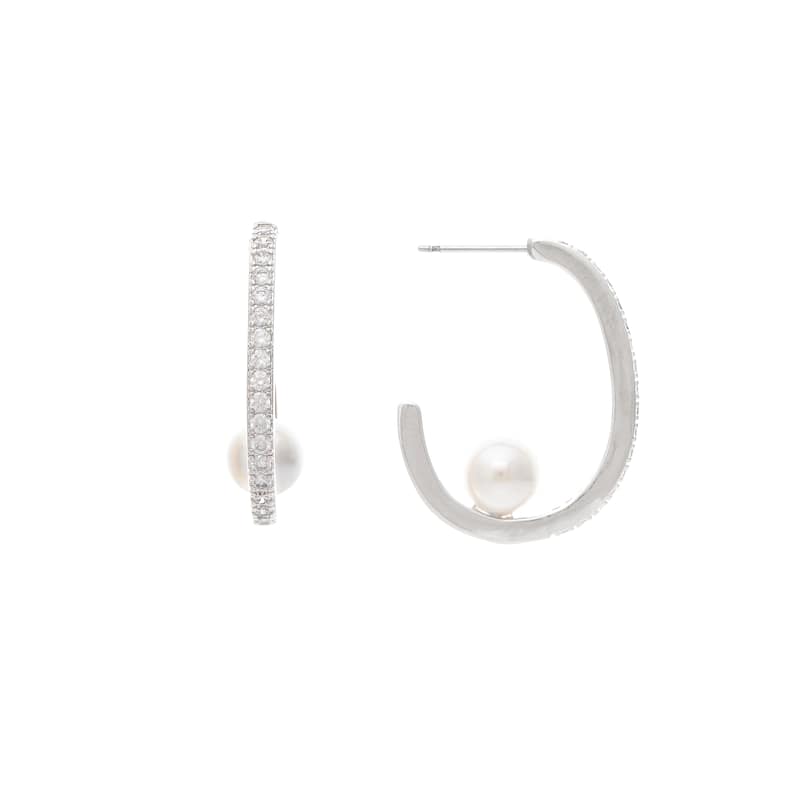 White Rhodium Clad CZ Hoop with Pearl detail - 1.25" Long
