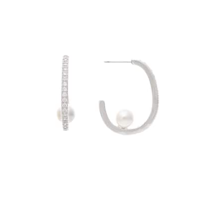 White Rhodium Clad CZ Hoop with Pearl detail - 1.25" Long