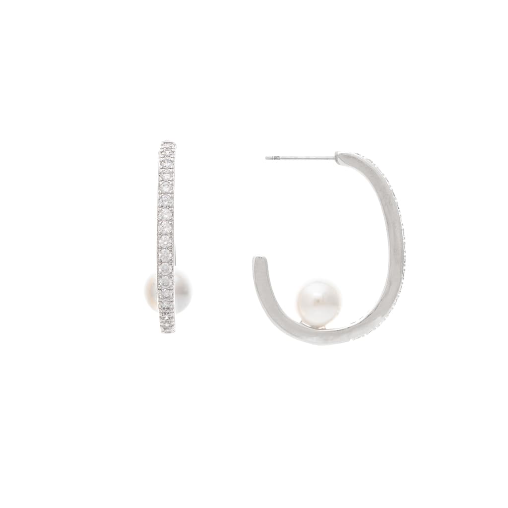 White Rhodium Clad CZ Hoop with Pearl detail - 1.25" Long