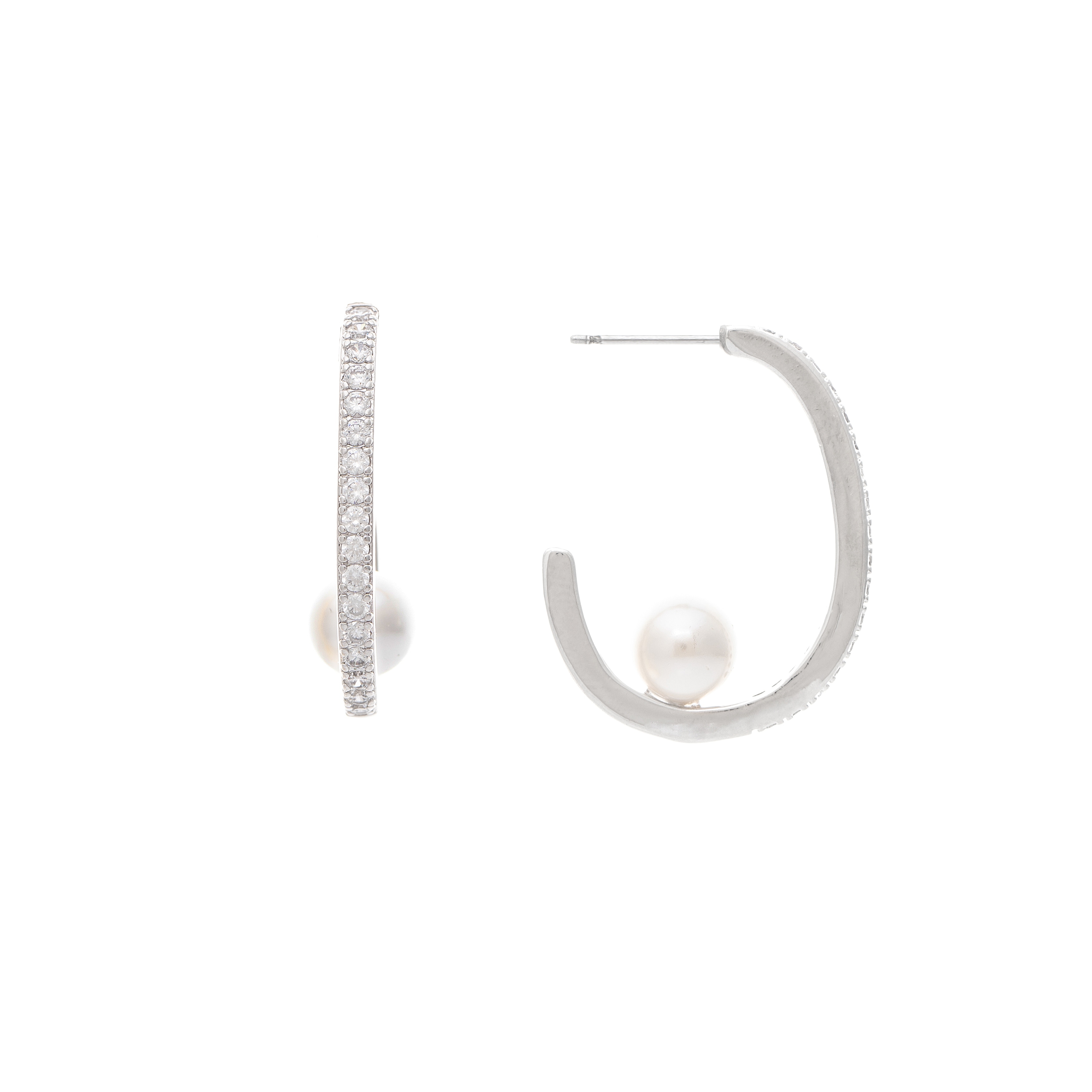 Rivka Friedman White Rhodium Plated CZ Hoop with Pearl detail - 1.25" Long
