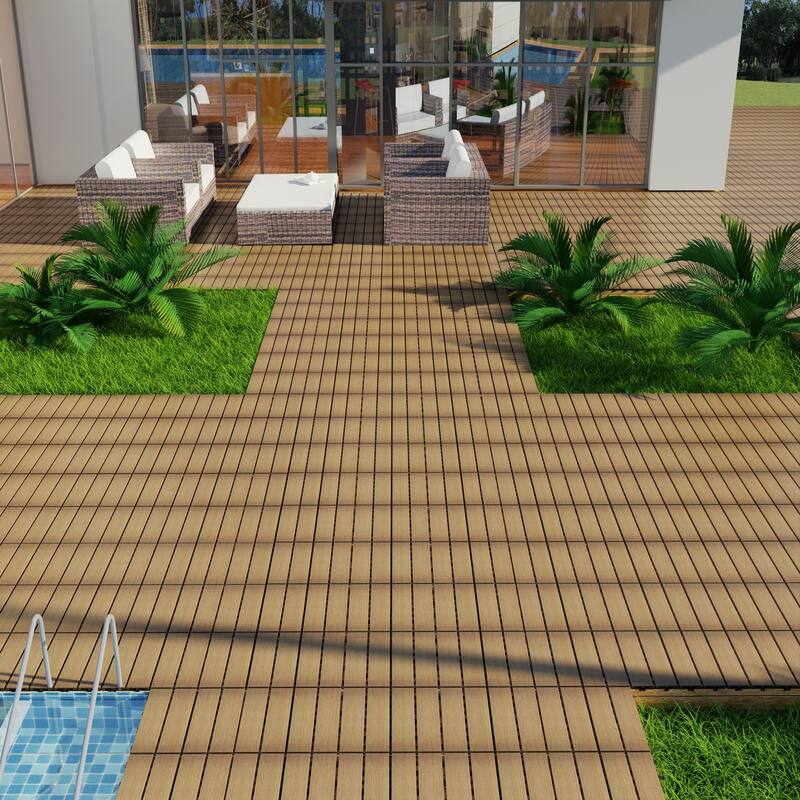 Patio Floor Tiles Pack of 22 WPC Wood-Plastic Composite Patio Deck Tiles DIY Interlocking Decking Tiles-11.8" ASH