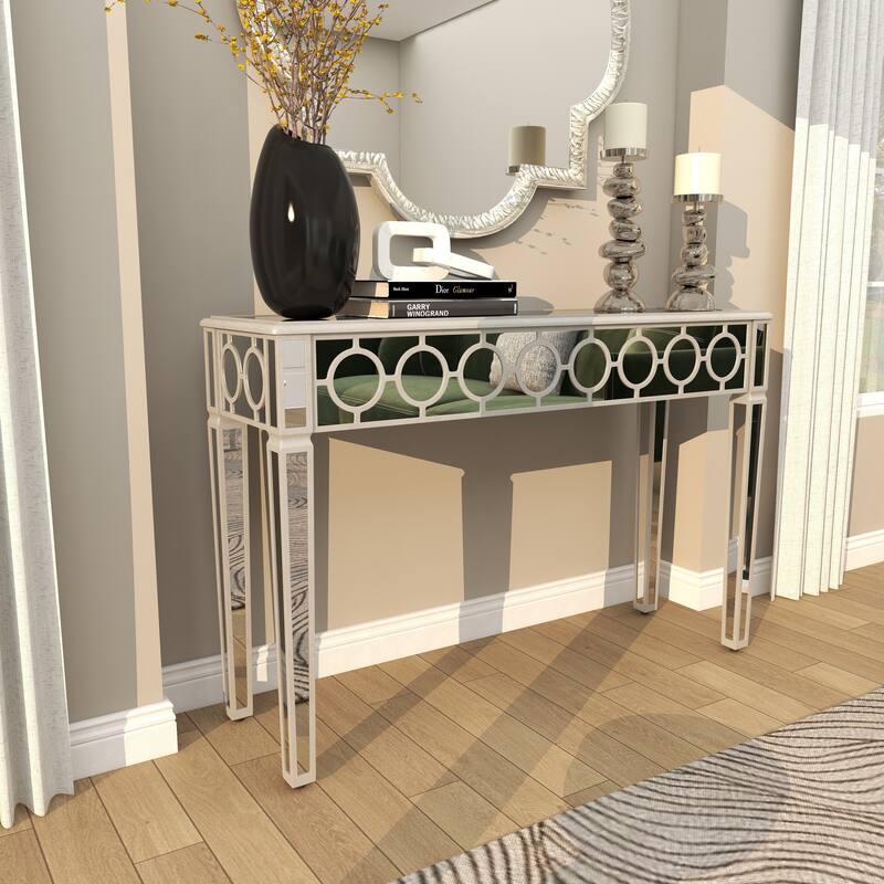 Silver Glass Mirrored Geometric Console Table with Circular Panel Inlay