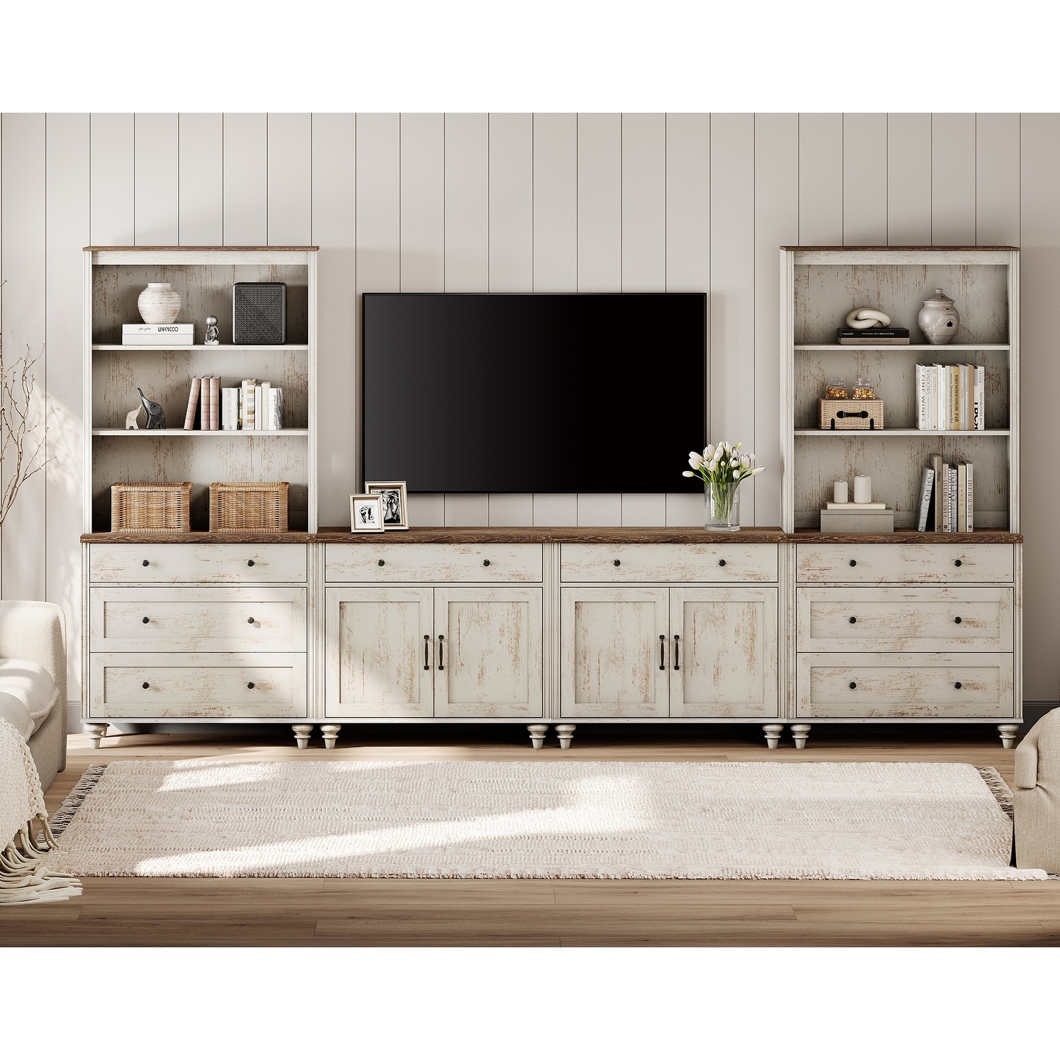 Rustic White Farmhouse TV Stand with Wooden Doors & Drawers