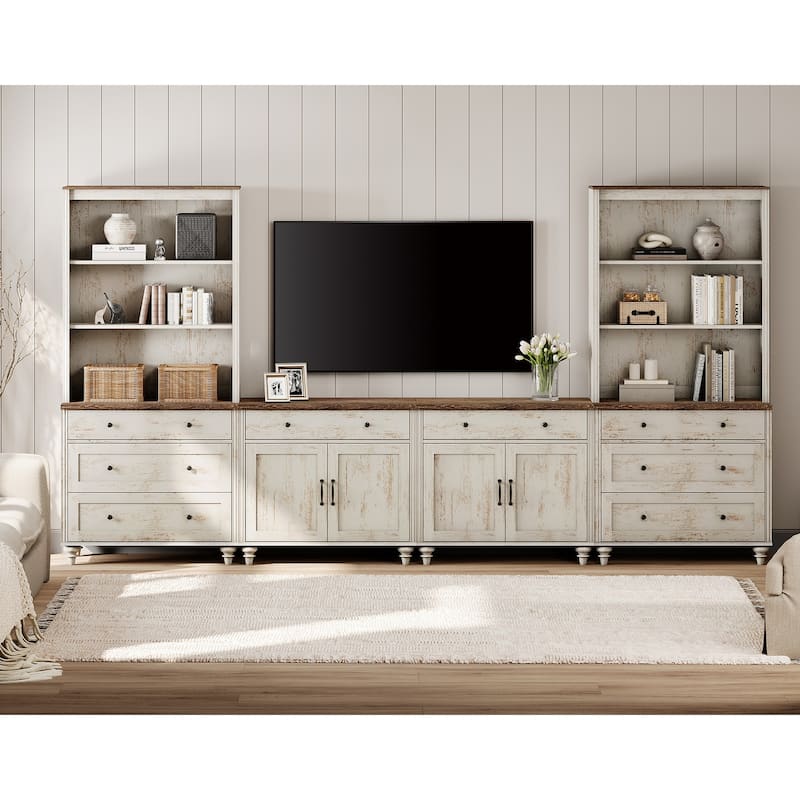 Rustic White Farmhouse TV Stand with Wooden Doors & Drawers - 4 doors