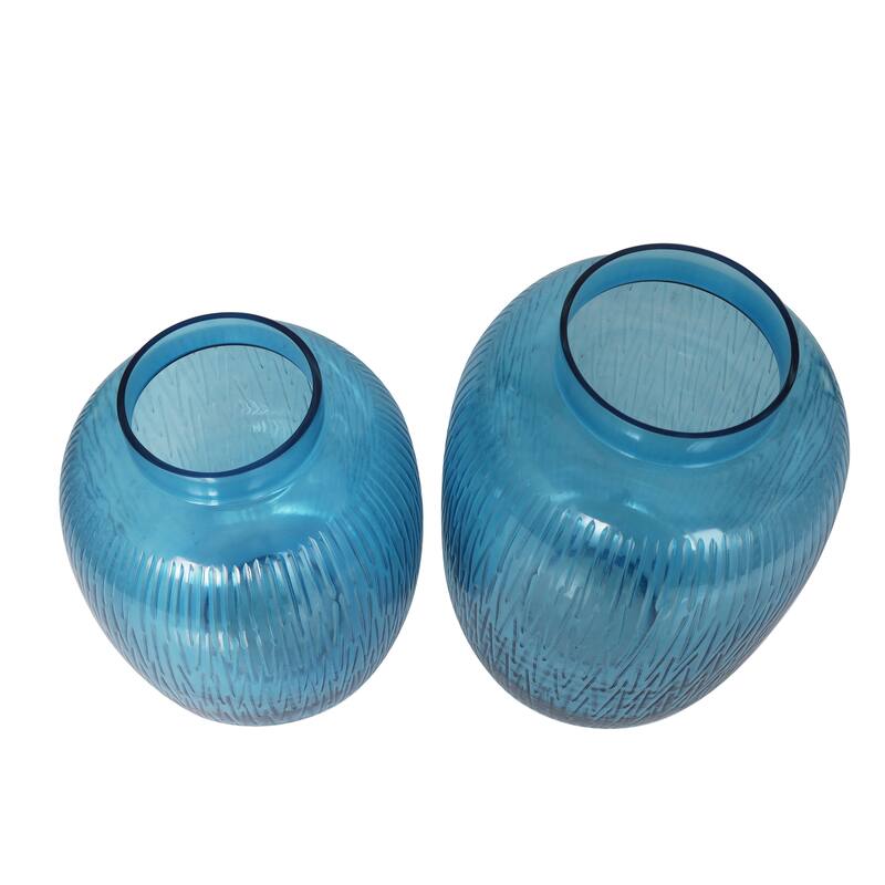 Blue Glass Ribbed Decorative Vase (Set of 2)