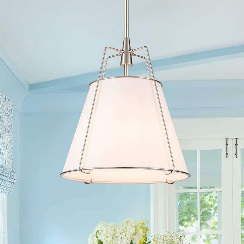 Mid Century 4-Light Conical Fabric Shade Lantern Pendant Ambient Light - 15in - White Shade+Nickel Finish