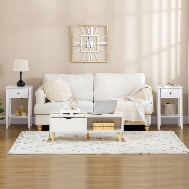 2-tier Modern Side Table with Drawer and Bottom Shelf