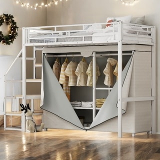 White Metal Twin Size Loft Bed with Large Wardrobe and Storage Staircase