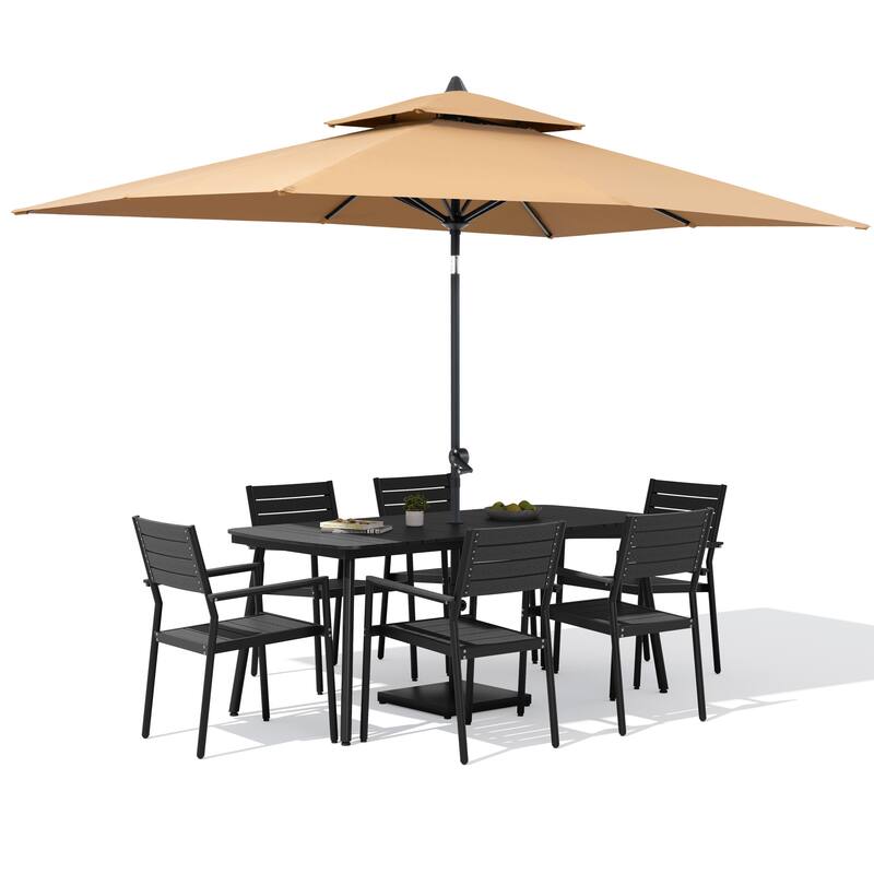 9-Piece Outdoor Dining Set Aluminum Table and Stackable Armchairs with Umbrella and Base